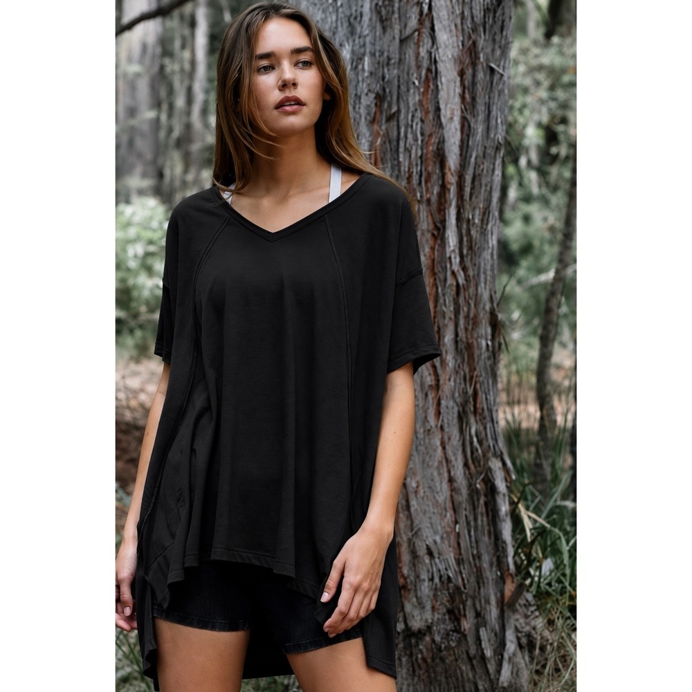FP Movement Free People Black V-Neck Pocket Tee Flowy M whimsy boho tunic flowy
